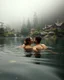 Placeholder: Portrait Romantic European couple swimming kissing together in lake Wonderful landscape fantasy early morning heavy fog photography art Rivendell village,lake,magical forest and houses,beautiful mushrooms,roses flowers,little waterfall,lake,close up photo beautiful romance couples on swimming together in lake