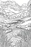 Placeholder: coloring page, creek through a meadow, cartoon style, thick lines, low detail, no shading