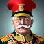 Placeholder: An obese elderly general in military attire. He's balding, has a cigar in his mouth, and has wrinkles. He has a thick moustache and large glasses