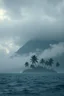 Placeholder: Creat a view from the ocean of an island filled with palms tree with a mountain in the background and a thunderstorms and rain and foggy clouds and high waves, cinematic, 8k, high quality photo , dim sun light behind the clouds, Busch painting style nightmares