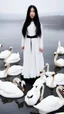 Placeholder: A girl with long black hair wearing a white dress stands in front of Swan Lake surrounded by snow