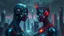 Placeholder: In the eerie digital dystopia, a cybernetic king & queen reigns over a decaying kingdom of interconnected circuits and pixelated ruins. This digital painting depicts a hauntingly beautiful scene of a futuristic cityscape where neon lights flicker among broken skyscrapers. Their metallic skin glistens with intricate circuitry, their eyes glowing with artificial intelligence. The level of detail in the image is mesmerizing, with each pixel carefully crafted to create a sense of foreboding elegance