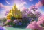 Placeholder: gold and pink crystal indian PALACE，montagnes,swanns,waterfall, BLUE LAKE, SWANNs,fuksia bugainvillier flowers, jacaranda violet trees, sky pink blue, full of details, smooth, bright sunshine，soft light atmosphere, light effect，vaporwave colorful, concept art, smooth, extremely sharp detail, finely tuned detail, ultra high definition, 8 k, unreal engine 5, ultra sharp focus