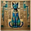 Placeholder: Cubism iridescent 3D-shaded Egyptian abstract art in Morris Hirshfield's richly textured style on weathered parchment. Engraved Egyptian glyphs. Highly detailed. (Bastet, the Egyptian cat goddess, sitting on a pedestal in a complex, detailed temple room, in front of beautifully decorated pillars adorned with Egyptian glyphs, and ankhs, on a noble, tiled floor. The cat wears tattoos, and her body is adorned with precious gold and lapis lazuli jewelry.) palm trees, more cats in soft focus backgrou