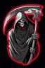 Placeholder: Grim-Reaper gripping scythe, vignette, black and white graphic novel style with a red outline, and black background,