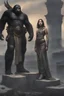 Placeholder: Aji Danajiu black hair, wearing superhuman clothes, standing on top of a pedestal in a post-apocalyptic wasteland next to Caeser, the king of the apes