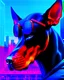 Placeholder: Doberman dog with futuristic science fiction glasses city background contrasting colors 8k artwork