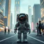 Placeholder: 3d render high quality detail an astronaut standing on a futuristic city street, surrounded by towering, glowing skyscrapers. The astronaut looks small and isolated, with the reflection of Earth visible on their helmet, symbolizing a recent return from space. Behind them, curious bystanders gaze at the figure, unfamiliar with their presence, enhancing the sense of alienation and wonder.