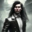 Placeholder: Male, Human, dark long hair, Black Eyes, Young, Hyperrealism, Full Body Shot, City Background, sharp focus, dark, black, steampunk