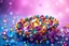 Placeholder: a photorealistic octane render, cinematic, cosmic background, exotic jewerly, blue pink, cosmos background creating an iridescent rainbow-like effect, numerous gemstones and beads of various sizes and colors, including pink, blue, yellow, green, and purple, full body