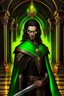 Placeholder: full length, mantle, background dark hall with columns, black cloth, holding a spear in his hand, dark green eyes, the character is not too close to the camera