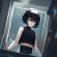 Placeholder: Clear focus,High resolution, black short fluffy hair, long fluffy bangs, and dark blue eyes, Depressed girl, wearing a black short shirt with a black sleeveless crop top, dark aura, controlling water, in a dark blank room