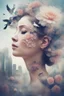 Placeholder: Double exposure, girl with closed eyes, large false eyelashes, Flowers, Double exposure, intricate details, city, birds