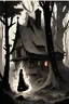 Placeholder: In the heart of a dense, ancient forest, a medieval cottage stands engulfed in flames, its timeworn timbers crackling and sending plumes of smoke into the sky. In the foreground, a mysterious woman in silhouette stands, the house is melting like candy. a woman in a cloak hides behind a tree. the house is engulfed in flames.