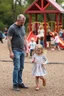 Placeholder: a very very small skinny 40 year old dad in the playground with his young 3 year old daughter with blonde hair playing on the playground but the dad is checking out all the other kids curvy mums . there are many kids playing on the playground