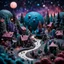 Placeholder: Detailed creepy landscape made of modeling clay, people, village, stars and planets, naïve, Tim Burton, strong texture, extreme detail, Max Ernst, decal, rich moody colors, sparkles, bokeh