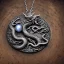 Placeholder: a gorgeous, stunning pewter necklace of a dragon clutching an illuminescent moonstone lying on a rustic wood table with crystal ball behind necklace, 8k resolution, high-quality, fine-detail, photorealistic, intricate, digital art, detailed matte, volumetric lighting, illustration, 3D octane render, brian froud, howard lyon, selina french, anna dittmann, annie stokes, lisa parker, greg rutowski, George Grie, Ben Goossens, Igor Morski