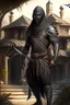 Placeholder: Arab warrior Full Body Full Armored Wearing Face Masculine Mysterious Powerful Fantasy High Quality with his bow black clothes His house behind him