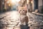 Placeholder: cute happy chibi cat standing on a wet cobblestone road in sunshine, ethereal, cinematic postprocessing, bokeh, dof