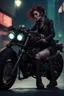 Placeholder: vampire girl with short cropped cyberpunk hair riding a cafe racer motorcycle in a post apocalyptic city at night