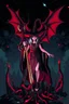 Placeholder: Demon girl wizard in front, fullbody, behind blood guts rising from the ground, darkred tones,cosmic horror, nightmare, galaxy, 8bits, pixel art,