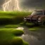 Placeholder: hyperrealistic shot, rusting and moss covered computer, earth color palette, sharp focus, puddle reflection, tire water splash, refraction, rain and lightning on the horizon, shadowcast, detailed and intricate, cinematic composition, tilt shift photography