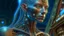 Placeholder: gorgeous female humanoid alien, slender muscular warrior, looking over shoulder at the sky, tentacles, coper zinc orichalcum jewelry and piercings, beautiful face, mesmerizing starry eyes, smooth translucent skin, hourglass, size DD. , DeepDream-generated image depicting …