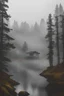 Placeholder: lakes overlooking a cabin in a pine woods misty