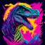 Placeholder: Detailed dinosaur graphic in synthwave style with vibrant pop colors for a t-shirt design.