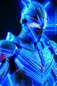 Placeholder: neon blue, flying parts of armor in form of triangles, cyber armor, geometric patterns on armor, male, orbiting triangle