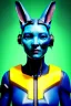 Placeholder: Medium Close Up Portrait, Front image. cyberpunk, rabbit mask, Chinese woman, yellow short hair. latex, titanium suit. Yellow, black, red, color. Ghost in the shell style. Color background, photo studio. Avatar image, highly detailed, concept art, smooth, unreal engine 5, god rays, ray tracing, RTX, lumen lighting, ultra detail, volumetric lighting, 3d, finely drawn, high definition, high resolution.