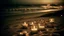 Placeholder: antique analog vintage, A beach setting at dusk with a balanced arrangement of seashells scattered in the sand, illuminated by the soft glow of lanterns nearby., stained vignette, highly detailed found footage, desaturated faded film, film skratches and dust