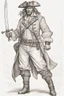 Placeholder: ,make a hero strong human, very realistic, fine line drawn. Make it wearing a pirate dress standing with sword in hand