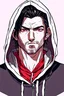 Placeholder: 40-year-old boy with black hair and a hairstyle with red-colored eyes in a hoodie cloak , smirk