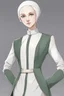 Placeholder: full length colour drawing, portrait, 22-year old friendly slender female human cleric, shaved head, light eyebrows, grey eyes, wearing white (10%0 and dark green (80%)