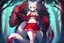 Placeholder: Girl, boy, forest, gray hair, wolf ears, wolf tail, open navel, hands on chest, blushing, standing by a tree, collar on neck, very short red skirt, blood on hands, long nails, wolf hair on legs, more red eyes, glowing mushrooms on trees, big tail