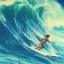 Placeholder: 1980's aesthetic vaporwave surfer on waves with palm trees