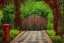 Placeholder: open iron gates made of colorful stained glass, covered in vines, trees, very large entry leading to a lush garden, see lot details in the garden, photo realistic 4k, nature, beautiful hand laid checkered pattern stone walkway path, trending on artstation, sharp focus, studio photo, intricate details, highly detailed, by greg rutkowski