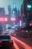 Placeholder: cyberpunk city with a busy crowded cars, flying car, futuristic lights and bill board