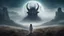 Placeholder: A moon that looks like a monster head above a landscape, a child in a ragged dress looks up in the distance, fog, and intricate background HDR, 8k, epic colors, fantasy surrealism, in the style of Romanticism