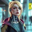 Placeholder: a blonde woman wearing streetwear, robotic neck, digital art, stylised