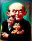 Placeholder: A surrealist painting in the distinctive style of Max Ernst, embracing Dada surrealism, with intricate and clear rendering of every aspect to ensure a deeply disturbing image. The painting features a deranged ventriloquist with wild, frenzied eyes and a twisted, manic smile. He holds a terrified dummy on his lap, made of wax-covered rubber, its eyes wide with fear and its mouth slightly ajar in a silent scream. Behind them, a strange demonic boy with deep red skin and bizarre proportions stands,