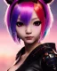 Placeholder: Detailed cute anime Kunoichi girl, rainbow hair buns, rainbow bangs, black latex bodysuit, intricate details, full body portrait, keep head in frame, slight smile, black Japanese motif, concept art, highly detailed, digital painting, concept art, sharp focus, illustration, art by Yoji Shinkawa, WLOP and greg rutkowski and alphonse mucha and artgerm and yanjun Chen and Junji ito and Makoto Shinkai, HDR, octane render