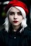 Placeholder: teenager with white hair, black beret, red shirt, black pants and white shirt+