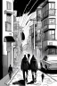 Placeholder: Street, two men walking. Graphic novel style Isabel Kreitz