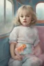 Placeholder: Illustration of lily-rose depp as toddler, in a train,, with a fish, 1980s,style of Marcel Marlier, pastel colors