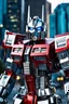 Placeholder: Excited Photography A picture cyber mechines transformer Optimus prime ,with surface coated chrome polished details, city background