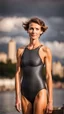 Placeholder: anorexic beautiful woman, age 21, total shot, short anthracite triathlon swimsuit, wavy bob haircut, surfer hair, blurred city background