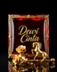 Placeholder: hyper realistic image of a shiny bright red crystal sheild with an intricate gold frame, written text detail "Dewi Cinta " in cursive letter near a gold rose, gold horse, gold bracelet, dark background, ultra HD 64k studio hyperrealism lightning light reflection macro photography sharp focus.