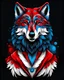 Placeholder: anthropomorphic wolf full body art illustration black background red, blue and white color